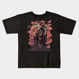 Skeletal Beauty A Lady in Kimono amidst Cherry Blossoms Kids T-Shirt